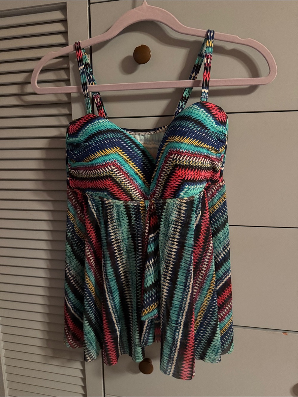 Profile By Gottex Multicolor Zigzag Tankini Top - Teal, Pink, Navy, Yellow